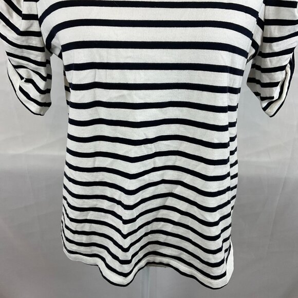 Kate Spade Top L White Black Stripe Short Ruched Sleeve - Picture 4 of 11